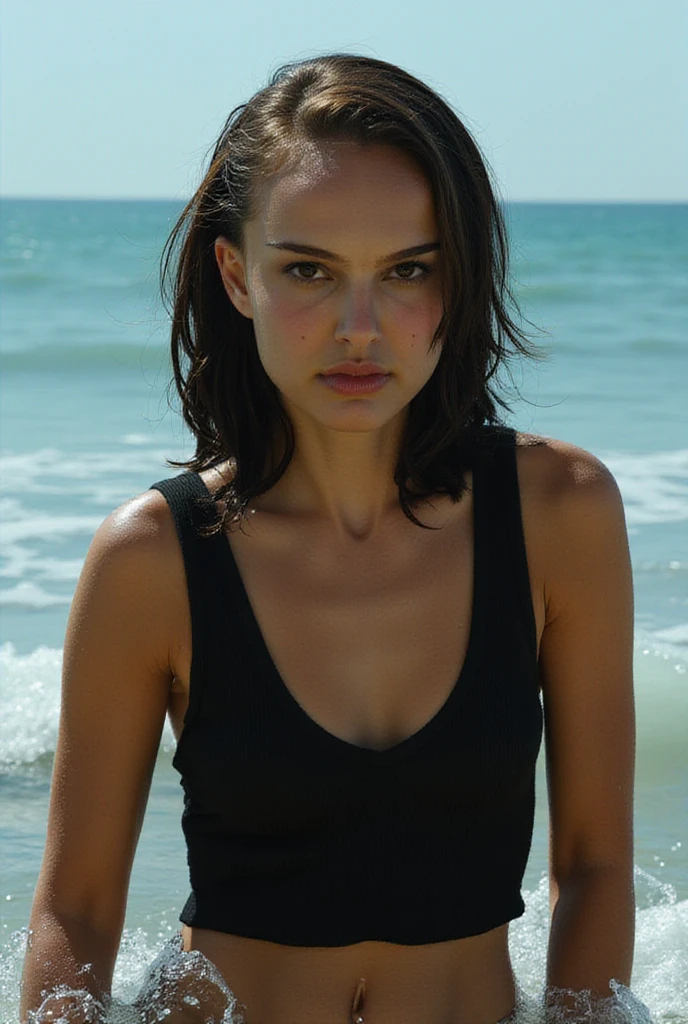 Natalie Portman,wet hair, wet black midriff tanktop, emerging from the sea 