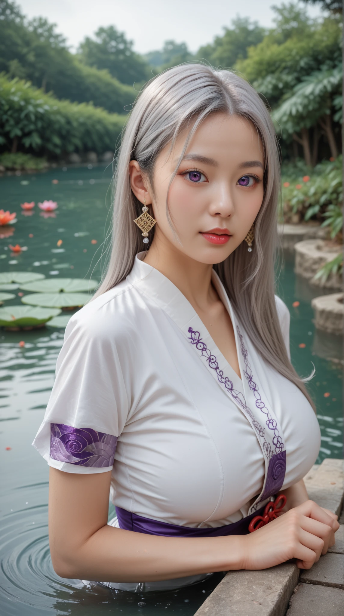 reality，Hualien.pond，masterpiece, A person with long silver hair , Very long ribbon ， bright purple double eyes ,  Water drop pattern in front of forehead , masterpiece, Big breasts，, wears an ancient Chinese white shirt ， red maple leaf stripe ，Chinese woman， high detail,  Very Detailed ,  Ultra HD, 