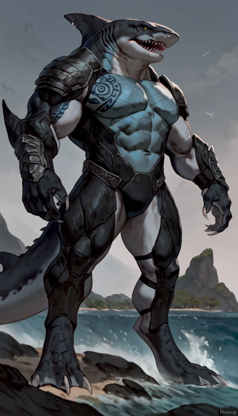 sharkman, anthro megalodon, black and blue hands and fins, black back, solo, big arms, bara, detailed smooth skin, lizard shark hybrid, anthro, closed mouth, predatory grin, detailed scales, muscular, thick legs, proporcional body, wide chest, trapezoid body type, marked jaw, thick shark tail, armless bodysuit, scalie bodysuit, best quality, 4k, ultra-detailed, by Buta99, by honovy, detailed illustration of 4K horror, island beach scenery, wearing armor, tribal shark tattoos on the body, standing near water