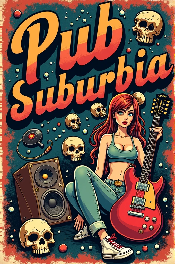 Uma mulher com uma guitarra e um microfone em frente a uma placa que diz Baka Bounz, official poster artwork, arte digital. @mariomaniacdude, in illustration style digital, Fanart, Rockstar Games Arte, extremely high quality artwork, Jen Bartel, arte oficial, poster illustration, music poster, estilo de arte heavy metal, poster artwork, Album art