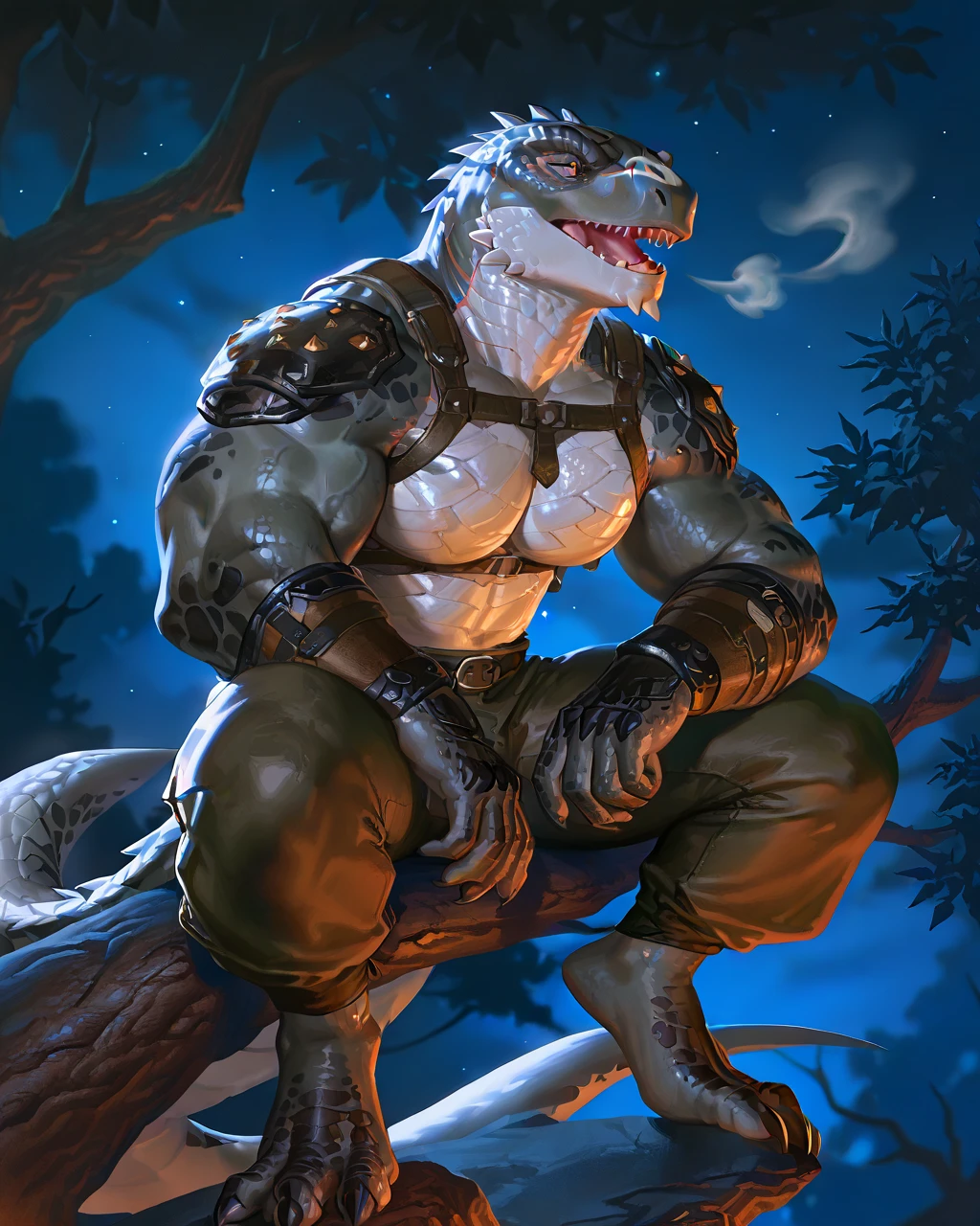 Muscular monster lizardfolk, solo, pants, mercenary, blue tongued skink lizardfolk, gray body, strong, 1male solo, anthro, bara, muscular, open mouth, small waist, thick tail, thick scales on the shoulders, marked jaw, big pecs, pants, full body, comicbook style, sitting on a tree, night time, best quality, 4k, ultra-detailed, by laobai, by taran fiddler, by honovy, by null-ghost, by thebigslick