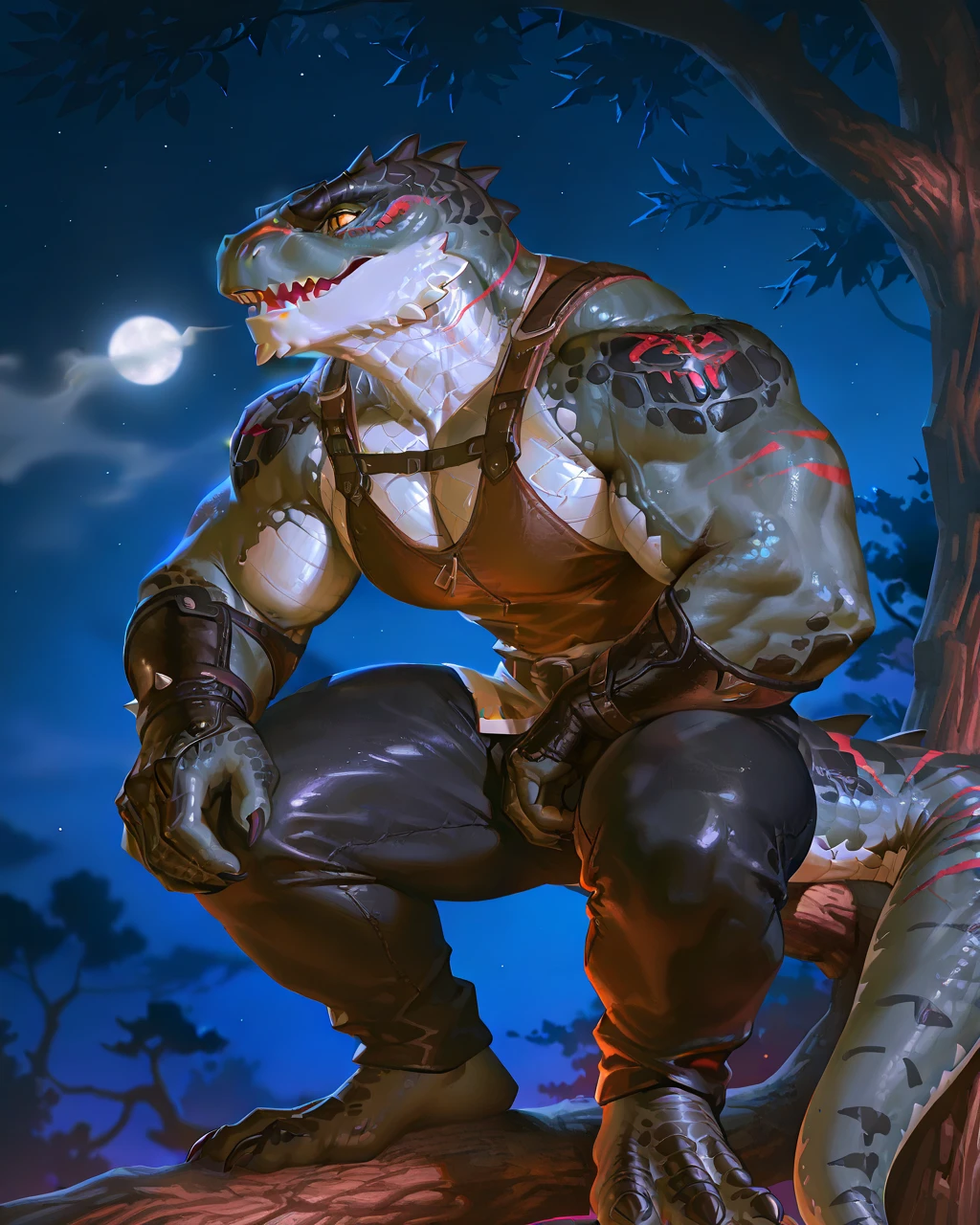 Muscular monster lizardfolk, solo, pants, mercenary, blue tongued skink lizardfolk, gray body, strong, 1male solo, anthro, bara, muscular, open mouth, small waist, thick tail, thick scales on the shoulders, marked jaw, big pecs, pants, full body, comicbook style, sitting on a tree, night time, best quality, 4k, ultra-detailed, by laobai, by taran fiddler, by honovy, by null-ghost, by thebigslick