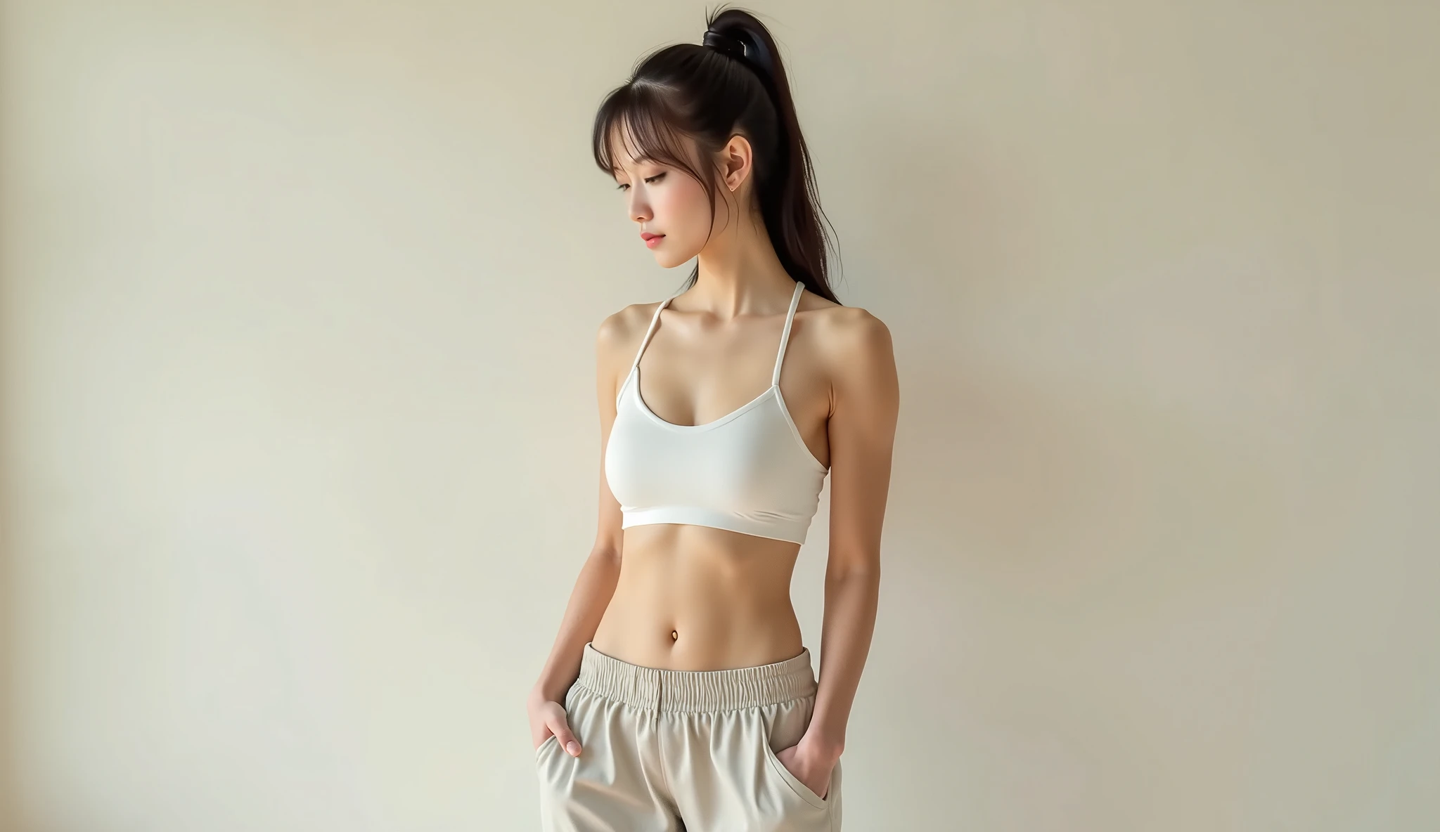 Light gray background, only the waist is displayed after exercise, with delicate sweat beads on the skin on the waist. The character occupies one-third of the screen, and is on the left side