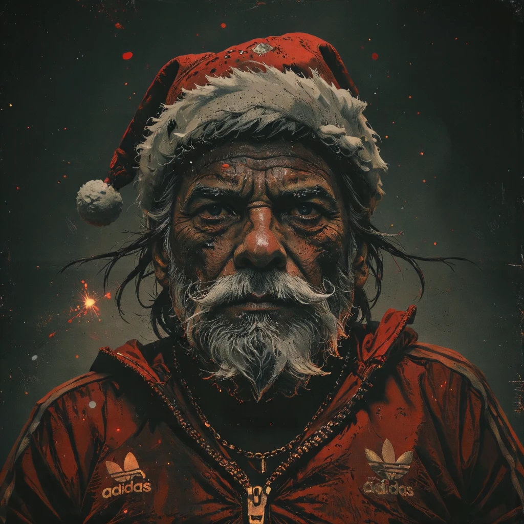 A brutal portrait of a criminal Kyrgyz Santa Claus in a dramatic black-and-white manner. The national cap is on his head. with a tattoo , in a red Adidas tracksuit, with a gold chain . One side of his face is dimly lit, and the other half is hidden in deep shadow. His face is distorted by a mysterious evil , and his eyes hold a great secret . His face is hidden in deep shadows, and his red Adidas suit is barely visible in the dark. It is surrounded by a swirl of snow and shadows .