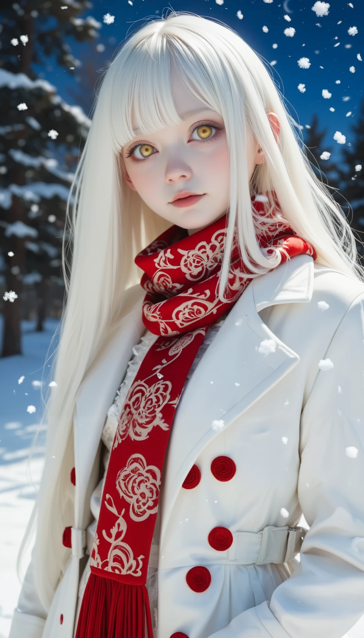 gothic lolita cosplay, cute girl,  white trench coat, red silk scarf、masterpiece, (( long hair )), long white hair , very long straight hair, Short bangs, albino white skin, Pale yellow eyes , Narrow shoulders, Moderate breasts, white skin, skinny, ((( outdoor、cold、 snowing 世界、 snowing ))), (((Night Time)))