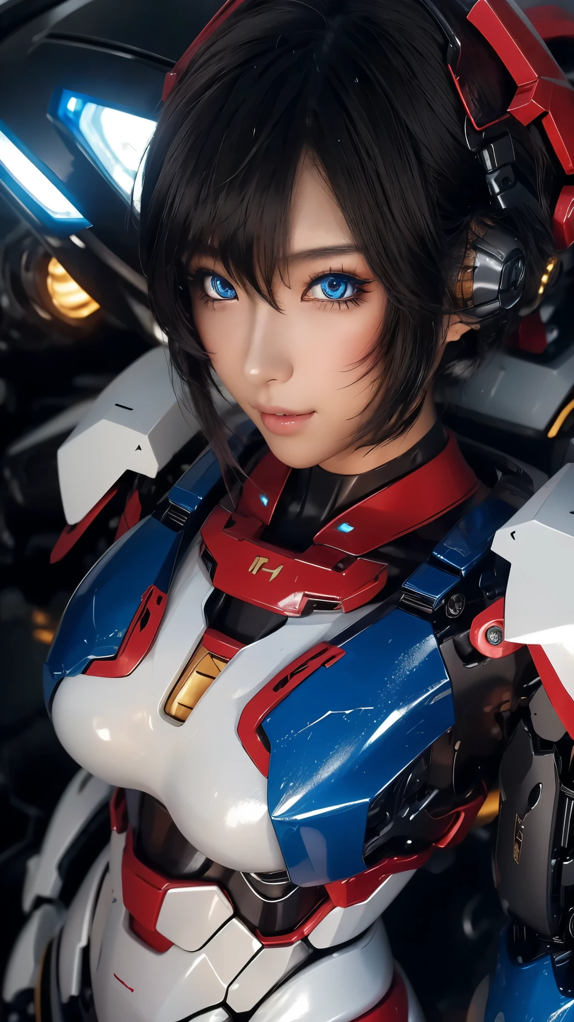 face up to hairstyle、 textured skin , super detailed , attention to detail, High Quality , 最 High Quality , high res, 1080P, hard disk , beautiful,(Gundam Girl), beautifulサイボーグの女性, mecha cyborg girl,BATTLE MODE,Japanese girl with a machine body 、Moderate bust、 black hair、 shortcuts,She is wearing an old style Gundam mecha 、White, blue, red and yellow body color、 Fine Decorations 、Illuminating parts、 emphasizes breasts、