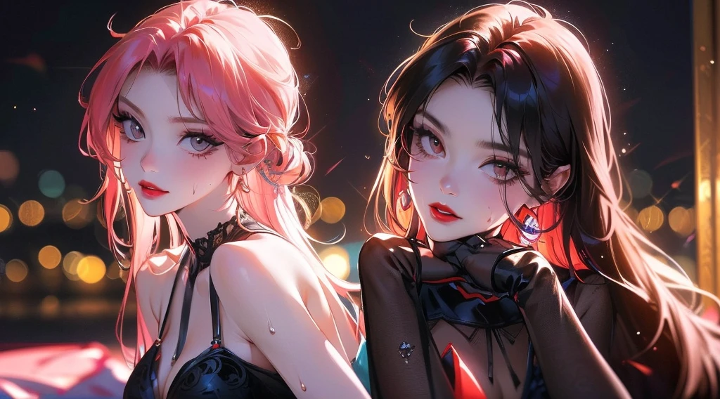 Excellent, masterpiece, 2 women kissing, one pink hair and one black hair, sexy, provocative, very ??????,