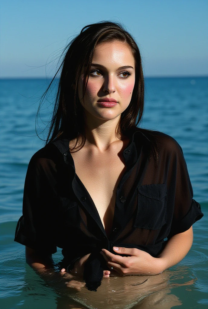 Natalie Portman,wet hair, wet black midriff tied shirt, emerging from the sea 