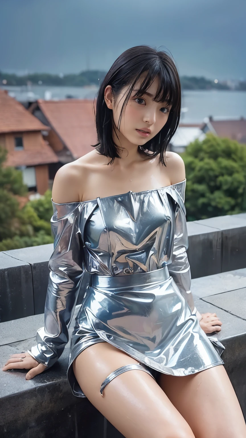 (((1 woman: 2))), ((Beautiful girl in a stylish super shiny silver latex miniskirt dress)), (Super body fit silver latex miniskirt dress:1.5), ((Beautiful girl on the roof of a building with beautiful night view)), (18 year old pretty girl), ((1screen)), in 8K, RAW shot, (Angle from the side:1.5)、top quality photo, masutepiece, Nice realistic photos, ((Anatomically correct proportions: 1.5)), Beautiful black-haired woman like a Japanese actress, small head, Detailed face, Detailed eyes, Narrow Nose, Detailed fingers, detailed arms, Detailed skin, Detailed legs, short torso, (Narrow waist:1.5), Small buttocks, Posing for gravure photos, ((Sitting with crotch open)), Heavy rain , (Rain-drenched body: 1.2), (Bodysuit with water droplets: 1.2), (Rain-soaked hair: 1.2) , (Rain-soaked bangs: 1.2), Beautiful woman in high neck off shoulder miniskirt dress