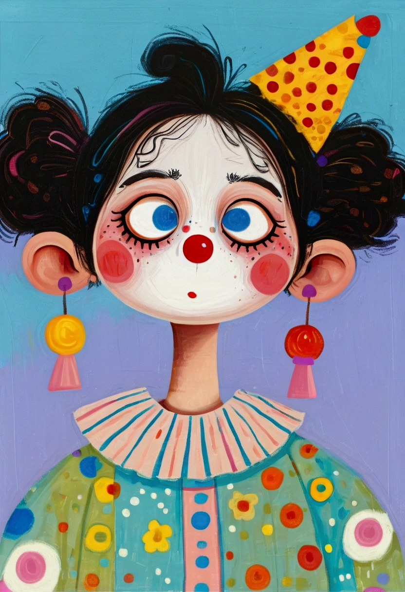 (((Childish Art，Pastel Painting，Oil painting Stick painting ，Thick coating，Texture)))：crazy clown，2D，Tilted head