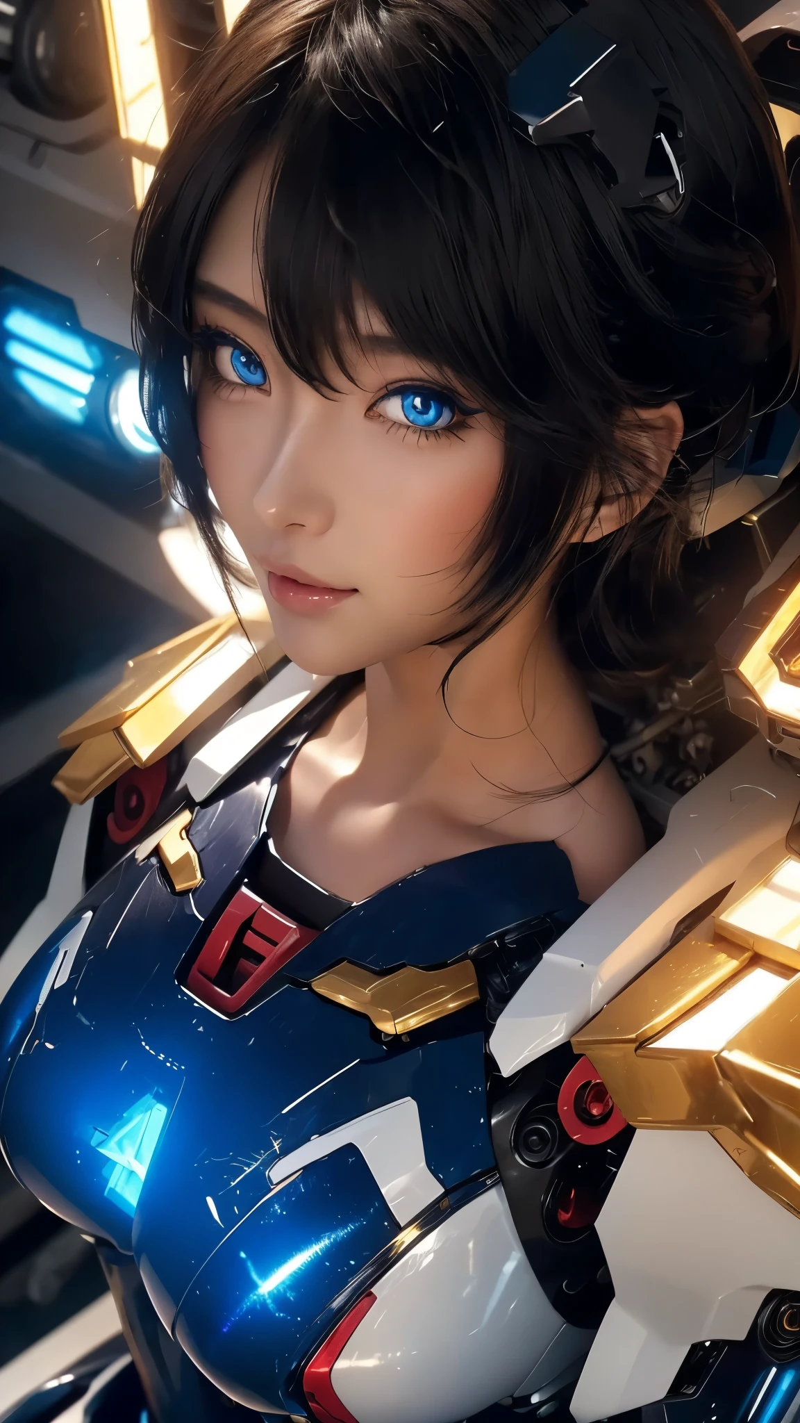 Close-up of face、Photographed from diagonally above、広角レンズ、Depth of subject、 textured skin ,  super detailed ,  attention to detail,  High Quality , 最 High Quality ,  high res, 1080P,  hard disk ,  beautiful,(Gundam Girl), beautifulサイボーグの女性, mecha cyborg girl,BATTLE MODE,Japanese girl with a machine body 、Moderate bust、 black hair、 shortcuts,She is wearing an old style Gundam mecha 、White, blue, red and yellow body color、 Fine Decorations 、Illuminating parts、 emphasizes breasts、