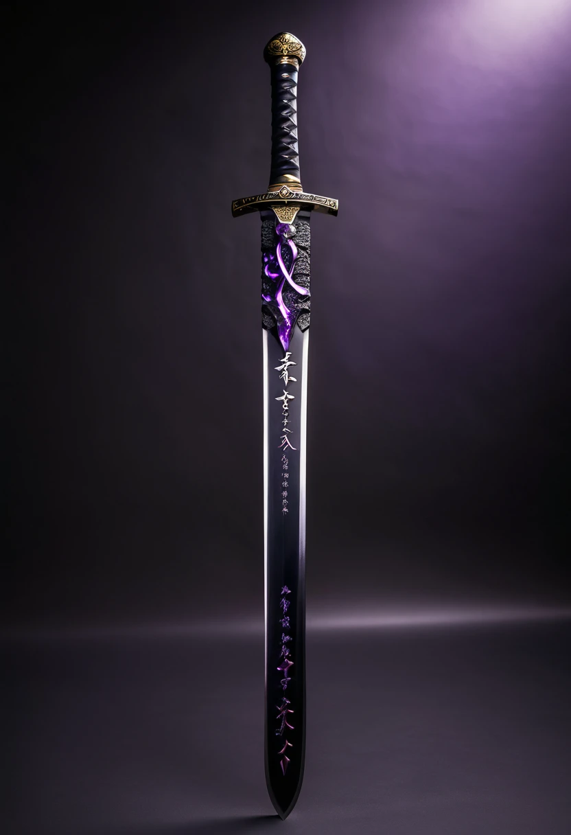 Realistic, advanced lighting techniques, live-action photo 8K quality depiction of a Japanese sword and sheath made of obsidian with a dark purple handle, intricate Shoulder guard, blade length of 90cm, and engraved with glowing purple Japanese characters.