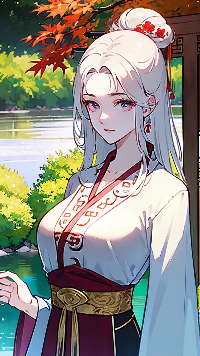 reality，Hualien.pond，masterpiece, A person with long silver hair , Very long ribbon ， bright purple double eyes ,  Water drop pattern in front of forehead , masterpiece, Big breasts，, wears an ancient Chinese white shirt ， red maple leaf stripe ，Chinese woman， high detail,  Very Detailed ,  Ultra HD, 