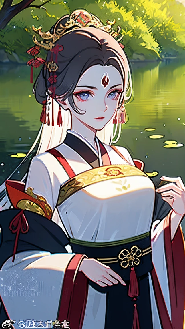 reality，Hualien.pond，masterpiece, A person with long silver hair , Very long ribbon ， bright purple double eyes ,  Water drop pattern in front of forehead , masterpiece, Big breasts，, wears an ancient Chinese white shirt ， red maple leaf stripe ，Chinese woman， high detail,  Very Detailed ,  Ultra HD, 