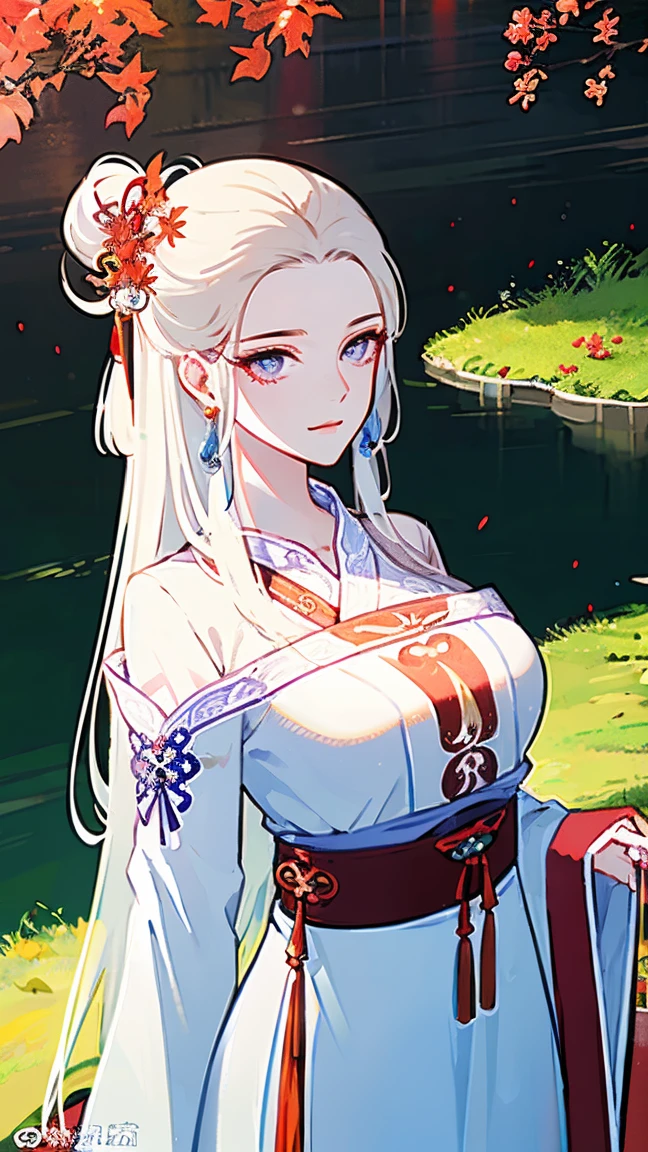 reality，Hualien.pond，masterpiece, A person with long silver hair , Very long ribbon ， bright purple double eyes ,  Water drop pattern in front of forehead , masterpiece, Big breasts，, wears an ancient Chinese white shirt ， red maple leaf stripe ，Chinese woman， high detail,  Very Detailed ,  Ultra HD, 