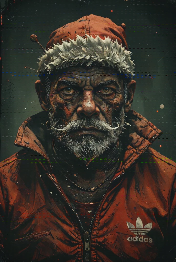 A brutal portrait of a criminal Kyrgyz Santa Claus in a dramatic black-and-white manner. The national cap is on his head. with a tattoo , in a red Adidas tracksuit, with a gold chain . One side of his face is dimly lit, and the other half is hidden in deep shadow. His face is distorted by a mysterious evil , and his eyes hold a great secret . His face is hidden in deep shadows, and his red Adidas suit is barely visible in the dark. It is surrounded by a swirl of snow and shadows .