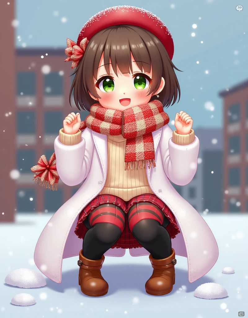 masterpiece,best quality,high quality,loli, Artist myowa,Artist alpha91,Artist hiten (hitenkei),Artist ke-ta,(mmd Style:1.1),[SD1.5 Style], 1girl, squatting, scarf, outdoors, red skirt, pantyhose, red headwear, hat, boots, looking at viewer, earrings, green eyes, smile, snow, :d, skirt, bangs, jewelry, plaid, building, long sleeves, beret, panties, panties under pantyhose, open mouth, blush, underwear, snowing, coat, thighband pantyhose, black pantyhose, pleated skirt, brown scarf, open clothes, brown hair, hands up, white coat, winter, open coat, brown footwear, plaid scarf, day, hat bow, red bow, short hair, ankle boots, bow, sweater, miniskirt, plaid skirt, white jacket