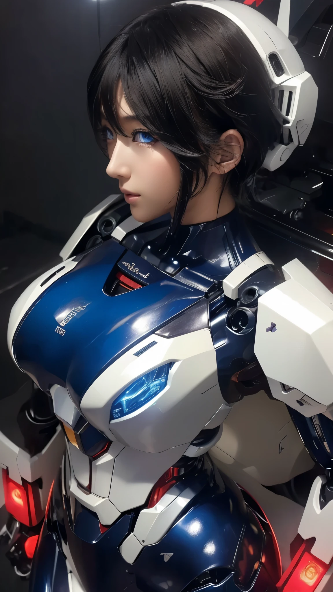 Close-up of face、Photographed from diagonally above、広角レンズ、Depth of subject、 textured skin ,  super detailed ,  attention to detail,  High Quality , 最 High Quality ,  high res, 1080P,  hard disk ,  beautiful,(Gundam Girl), beautifulサイボーグの女性, mecha cyborg girl,BATTLE MODE,Japanese girl with a machine body 、Moderate bust、 black hair、 shortcuts,She is wearing an old style Gundam mecha 、White, blue, red and yellow body color、 Fine Decorations 、Illuminating parts、 emphasizes breasts、profile、