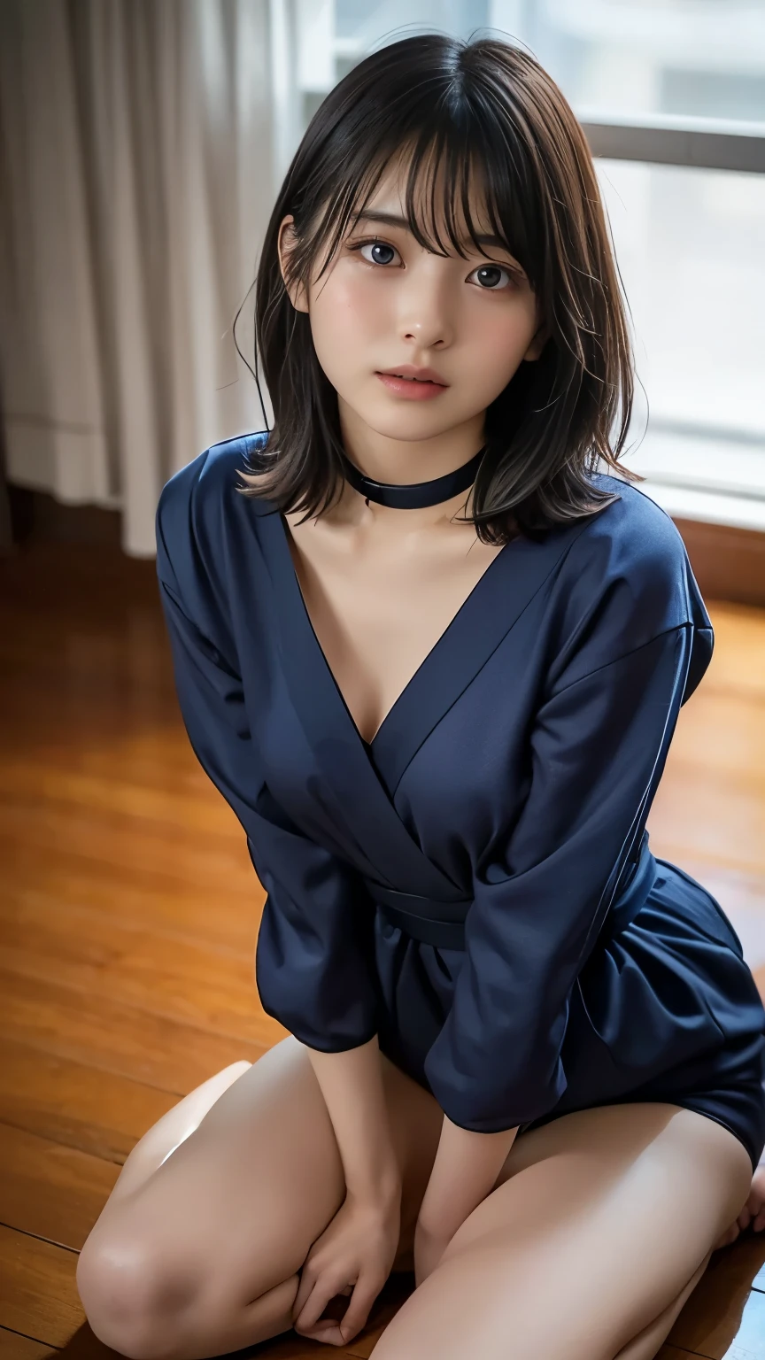 8K, Best Quality, Masterpiece, Ultra High Resolution, (Realism: 1.5), Original Photo, (True Skin Texture: 1.5),1 girl, downblouse, 15 years old, munechira,(((small breasts))), looking away, leaning forward,bending over , birds-eye view shot , Upper body, necklace ,in classroom,long sleeves shirt,besides decolated detailed bra within,long skirt, short hair