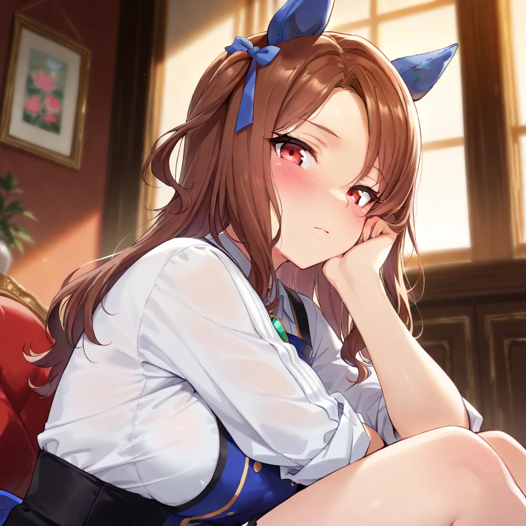 sitting, portrait, Plain clothes, umamusume, king halo, cute girl, solo, medium breasts, blush, flawless smooth skin, looking at viewer, indoors, (best quality,4k,8k,highres,masterpiece:1.2),ultra-detailed,intricate details, high fashion, dramatic lighting, warm colors, chiaroscuro