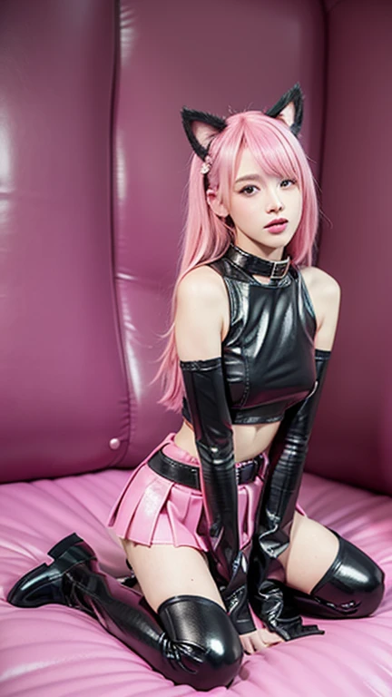 Two kneeling sycophants, bikini Aimei, Wearing stockings, Host a show, girls,Pink double-tailed hair and cyan eyes,Anime littlein servant costume,The little girl her ass
