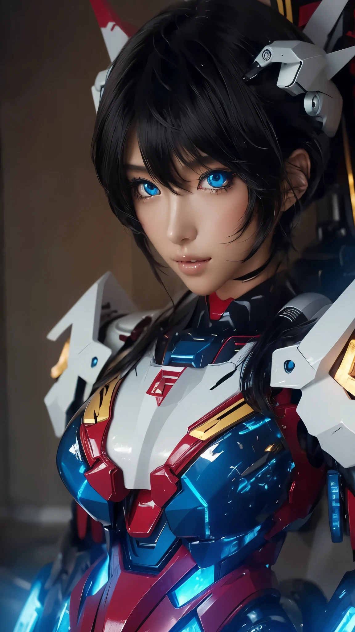 Close-up of face、 taken from the front、広角レンズ、Depth of subject、 textured skin , super detailed , attention to detail, High Quality , 最 High Quality , high res, 1080P, hard disk , beautiful,(Gundam Girl), beautifulサイボーグの女性, mecha cyborg girl,BATTLE MODE,Japanese girl with a machine body 、Moderate bust、 black hair、 shortcuts,She is wearing an old style Gundam mecha 、White, blue, red and yellow body color、 Fine Decorations 、Illuminating parts、 emphasizes breasts、