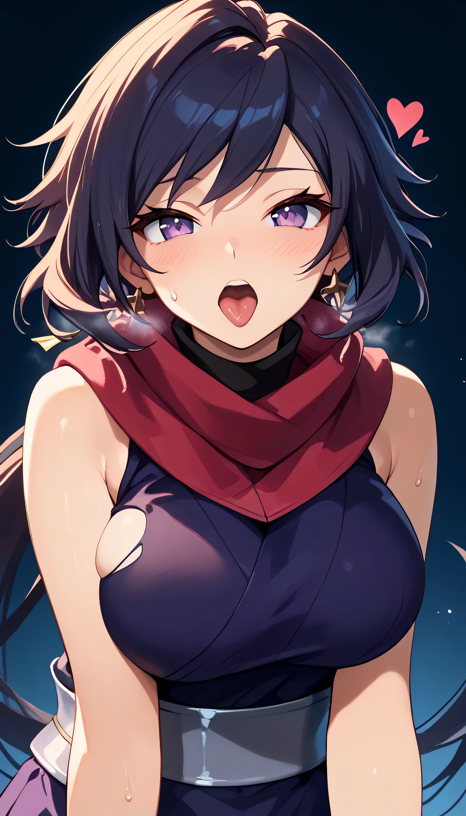       One Girl      ，iris ，      Kunoichi，紺色の髪，        purple eyes，   torn ninja costume(      Red Scarf     ，Deep purple kimono，      sleeveless  ，Big Breasts，   ，)，      open your mouth， Stick Out His Tongue ， looks mesmerizing ， heart shaped eyes，blush， sigh， sweat，Ecstasy face， at the top，I'm panting for pleasure ， Hollow Eyes ，I'm being held in the jaw， focus on my face ，masterpiece，