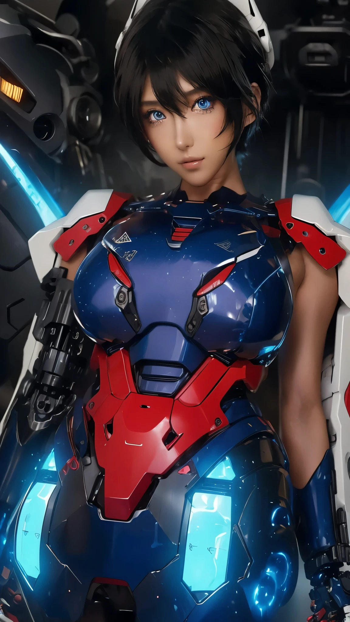 Close-up of face、 taken from the front、広角レンズ、Depth of subject、 textured skin , super detailed , attention to detail, High Quality , 最 High Quality , high res, 1080P, hard disk , beautiful,(Gundam Girl), beautifulサイボーグの女性, mecha cyborg girl,BATTLE MODE,Japanese girl with a machine body 、Big breasts、 black hair、 shortcuts, dark skin 、She is wearing an old style Gundam mecha 、White, blue, red and yellow body color、 Fine Decorations 、Illuminating parts、 emphasizes breasts