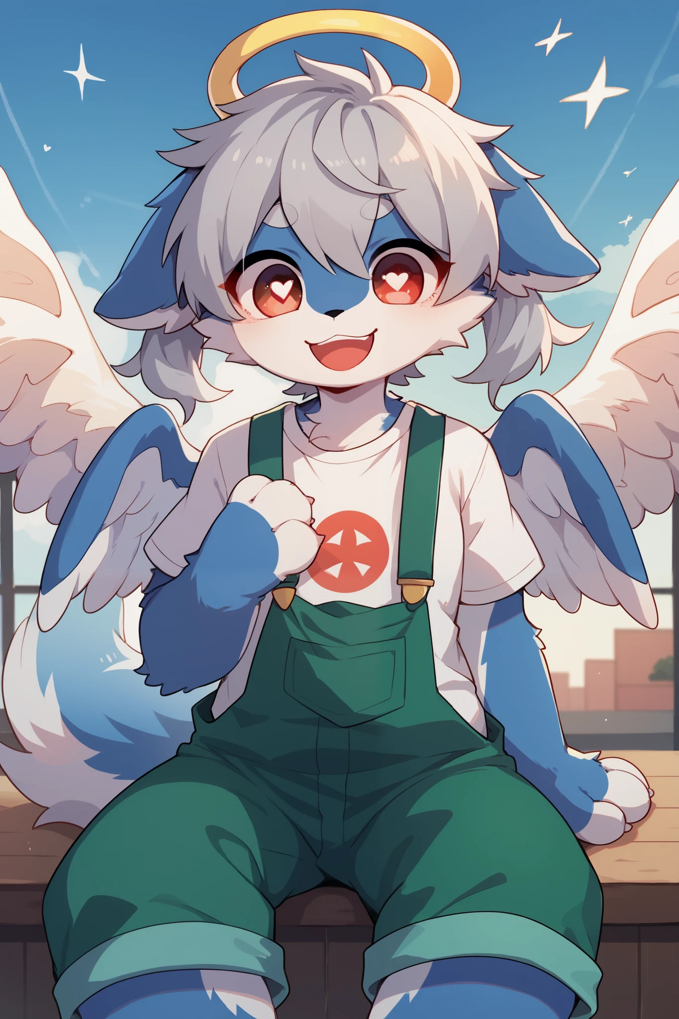       very detailedな,    very detailed,Blue fur,    gray hair,woman,骨を見て    excited,Heart Eye,participate,    cute face,    sitting！,,    fluffy fur     ,     excited, Lustful Girl  ,   angel,Beautiful sky,smile,    green overalls   ,     white t-shirt     ,Alone,Dropped ears,My mental age       ,want