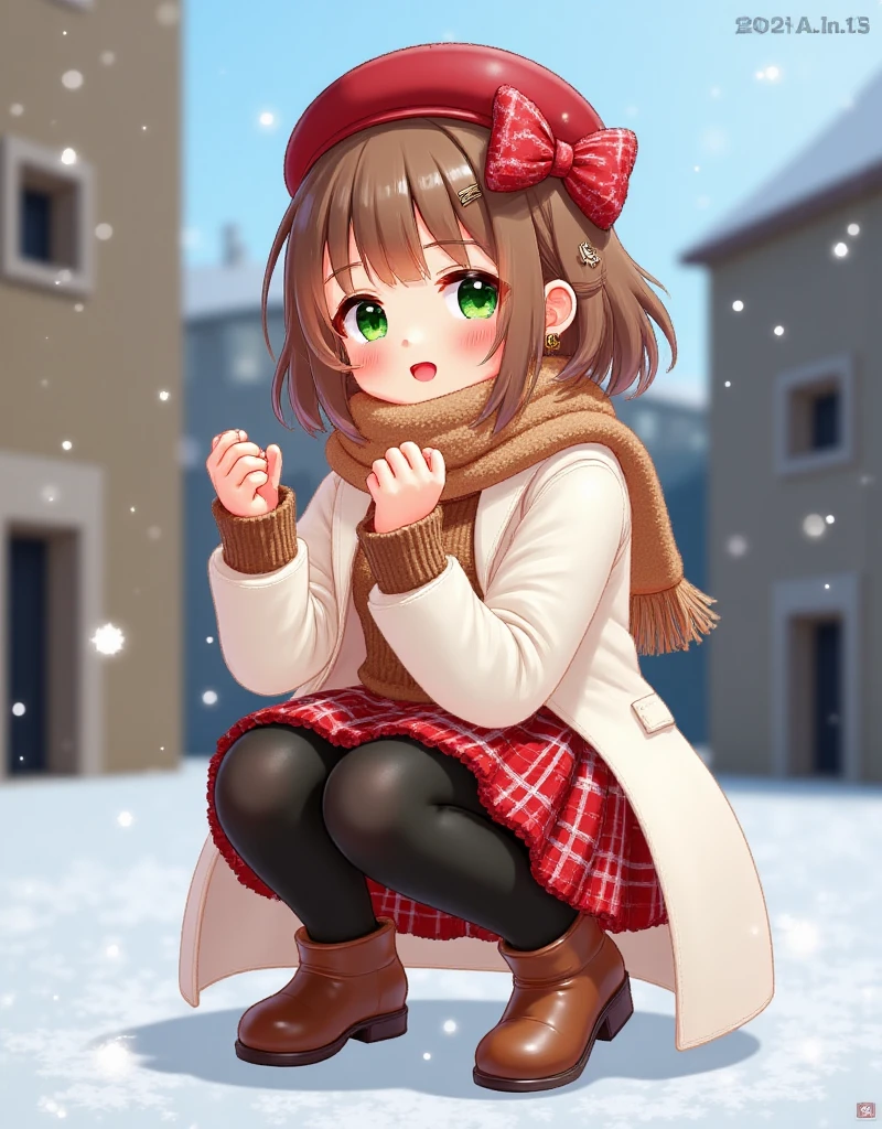 masterpiece,best quality,high quality,loli, Artist myowa,Artist alpha91,Artist hiten (hitenkei),Artist ke-ta,(mmd Style:1.1),[SD1.5 Style], 1girl, squatting, scarf, outdoors, red skirt, pantyhose, red headwear, hat, boots, looking at viewer, earrings, green eyes, smile, snow, :d, skirt, bangs, jewelry, plaid, building, long sleeves, beret, panties, panties under pantyhose, open mouth, blush, underwear, snowing, coat, thighband pantyhose, black pantyhose, pleated skirt, brown scarf, open clothes, brown hair, hands up, white coat, winter, open coat, brown footwear, plaid scarf, day, hat bow, red bow, short hair, ankle boots, bow, sweater, miniskirt, plaid skirt, white jacket, Made with clear candy