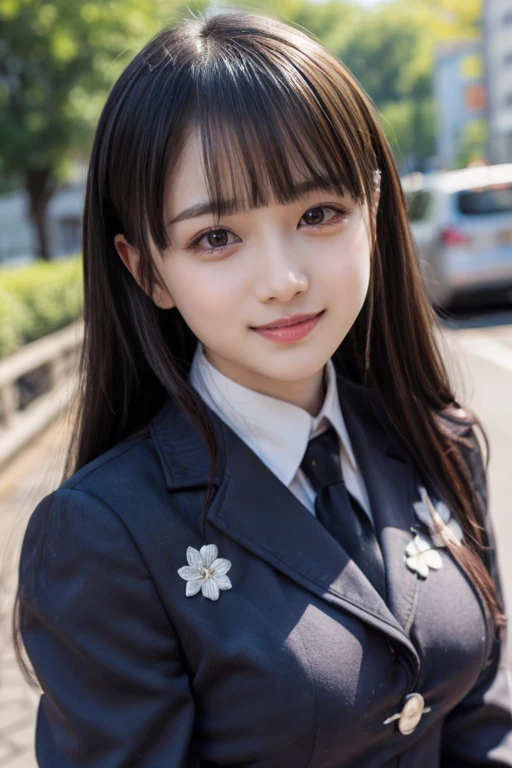  like an idol , long hair , straight hair , Round face , bust up , (Big Breasts)、The Irregular at Magic High School uniform、(smile)、( slender)、( top quality :1.5)