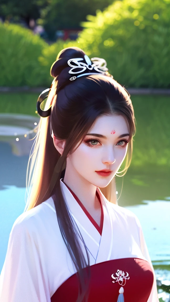 reality，Hualien.pond，masterpiece, A person with long silver hair , Very long ribbon ， bright purple double eyes ,  Water drop pattern in front of forehead , masterpiece, Big breasts，, wears an ancient Chinese white shirt ， red maple leaf stripe ，Chinese woman， high detail,  Very Detailed ,  Ultra HD, 