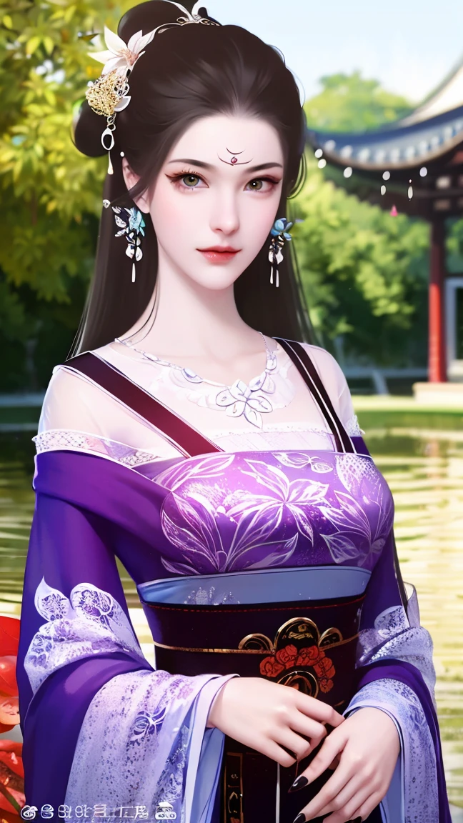 reality，Hualien.pond，masterpiece, A person with long silver hair , Very long ribbon ， bright purple double eyes ,  Water drop pattern in front of forehead , masterpiece, Big breasts，, wears an ancient Chinese white shirt ， red maple leaf stripe ，Chinese woman， high detail,  Very Detailed ,  Ultra HD, 