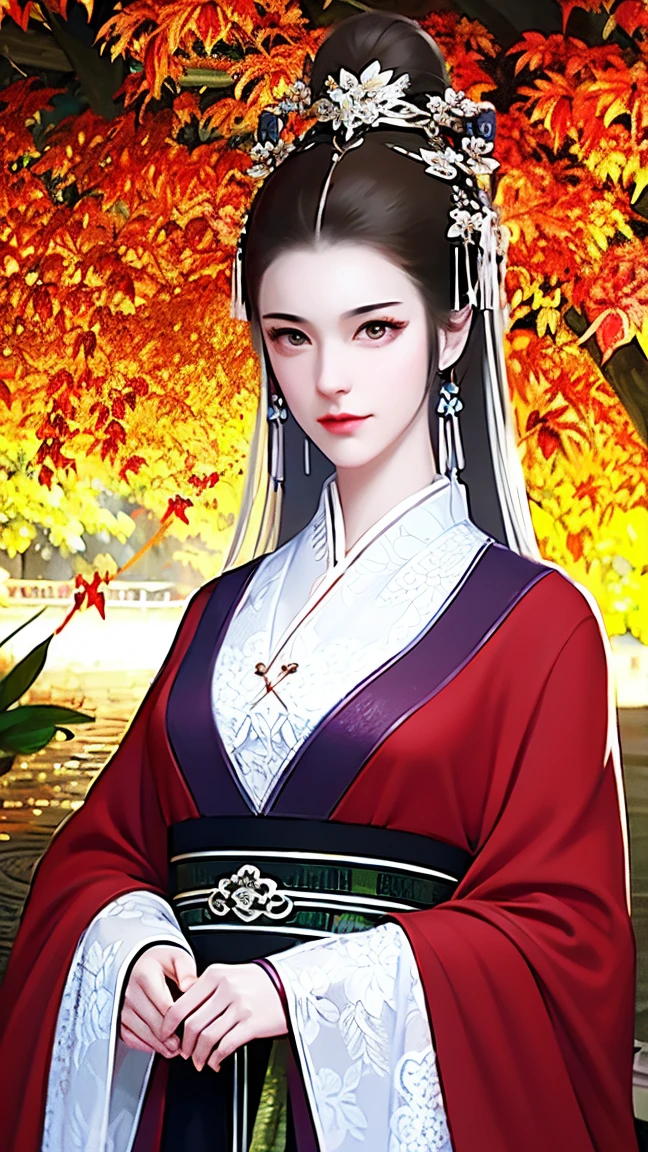 reality，Hualien.pond，masterpiece, A person with long silver hair , Very long ribbon ， bright purple double eyes ,  Water drop pattern in front of forehead , masterpiece, Big breasts，, wears an ancient Chinese white shirt ， red maple leaf stripe ，Chinese woman， high detail,  Very Detailed ,  Ultra HD, 