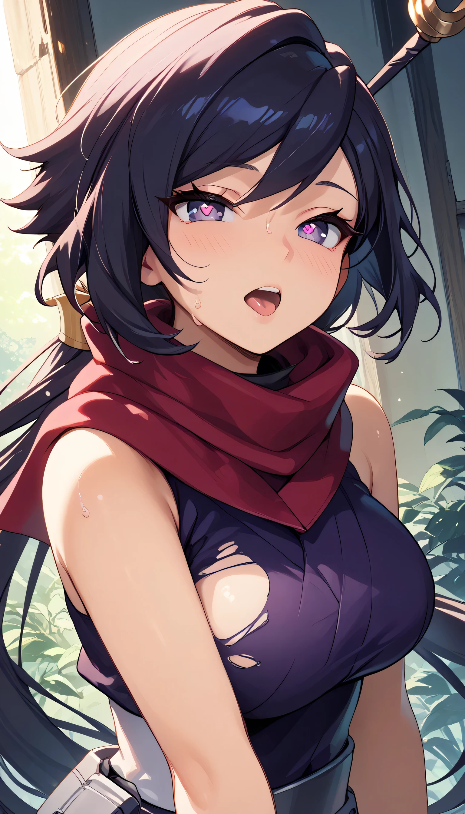 A single girl being held by the jaw     ，iris ，      Kunoichi，紺色の髪，        purple eyes，   torn ninja costume(      Red Scarf     ，Deep purple kimono，      sleeveless  ，Big Breasts，   ，)，      open your mouth， Stick Out His Tongue ， looks mesmerizing ， heart shaped eyes，blush， sigh， sweat，Ecstasy face， at the top，I'm panting for pleasure ， Hollow Eyes ， focus on my face ，masterpiece，