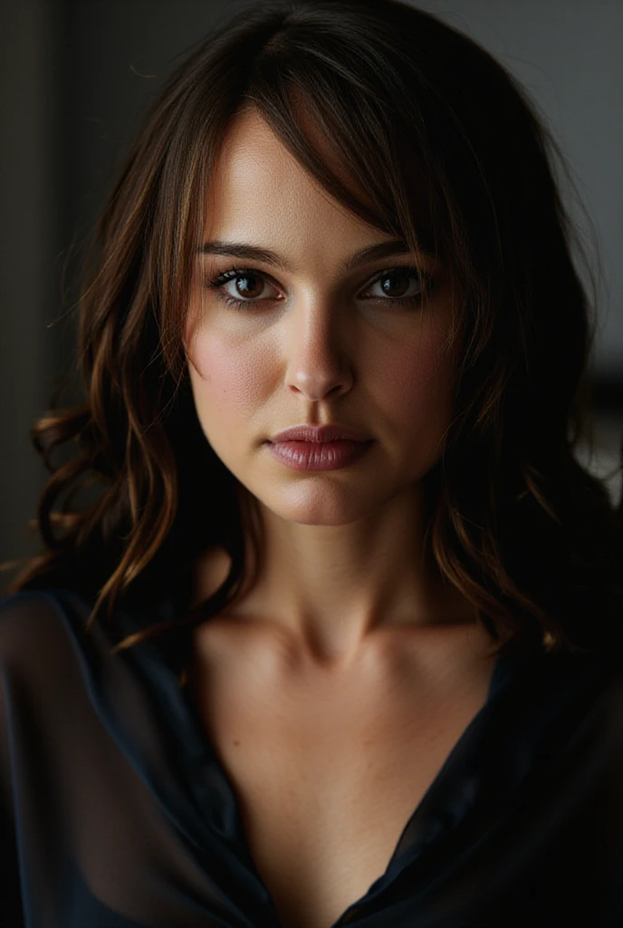 Natalie Portman,wet hair, wet black midriff tied shirt,sensual pose 