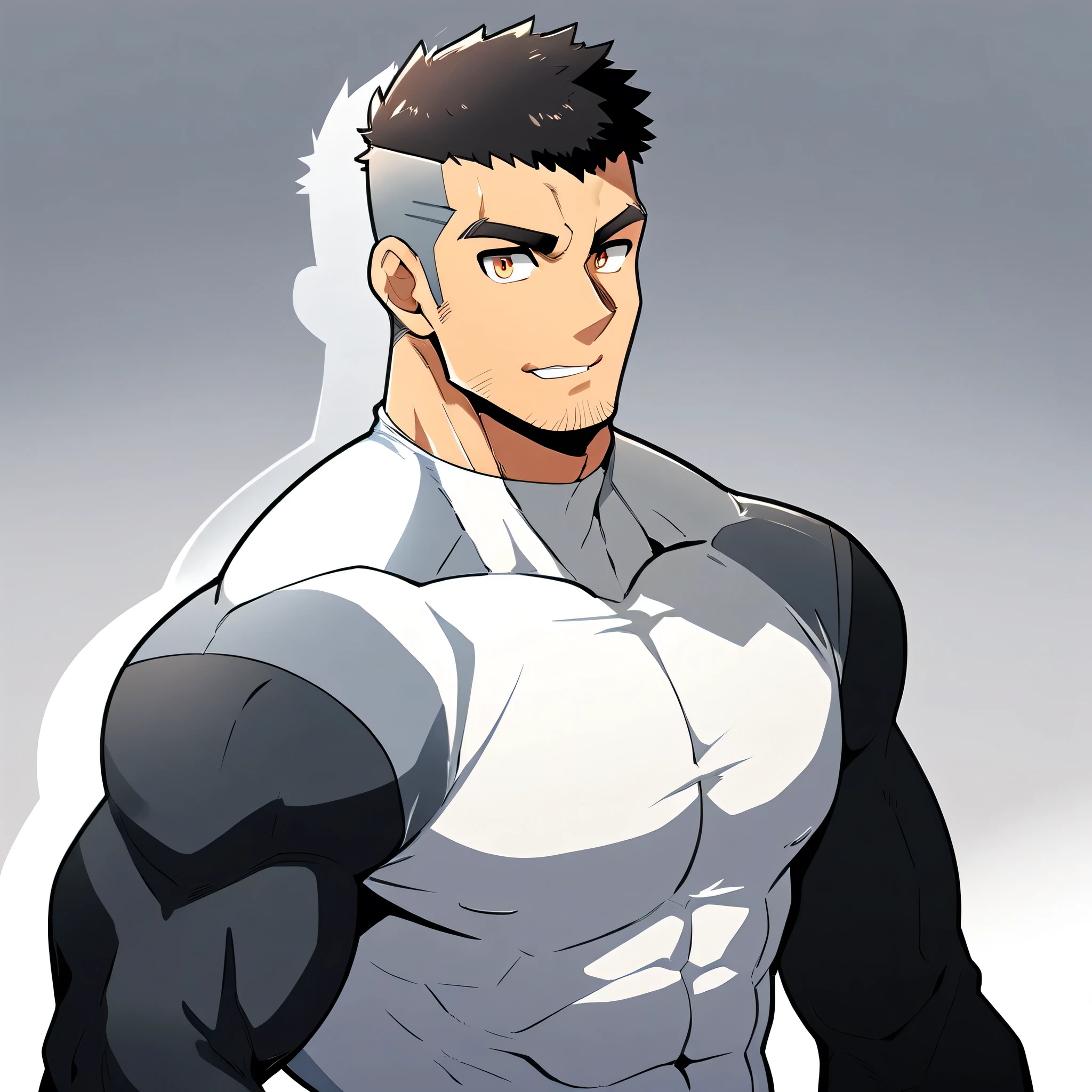 anime characters：Gyee, Muscle Sports Student, Manliness, male focus, Cute boy with big eyes, white high collar long sleeve tight T-shirt, Slightly transparent material, Very tight, Round, full and perky chest muscles, Slightly transparent, muscular male, muscular, only, Upper body, alone, Black short hair, Thick eyebrows, stubble, Cute little eyes, Brown-red pupils, Grey background, simple background, amazing quality, best aesthetics, Ridiculous, crew cut, parted lips, seductive smile, torogao, naughty face, drop shadow, best quality, buff face, 