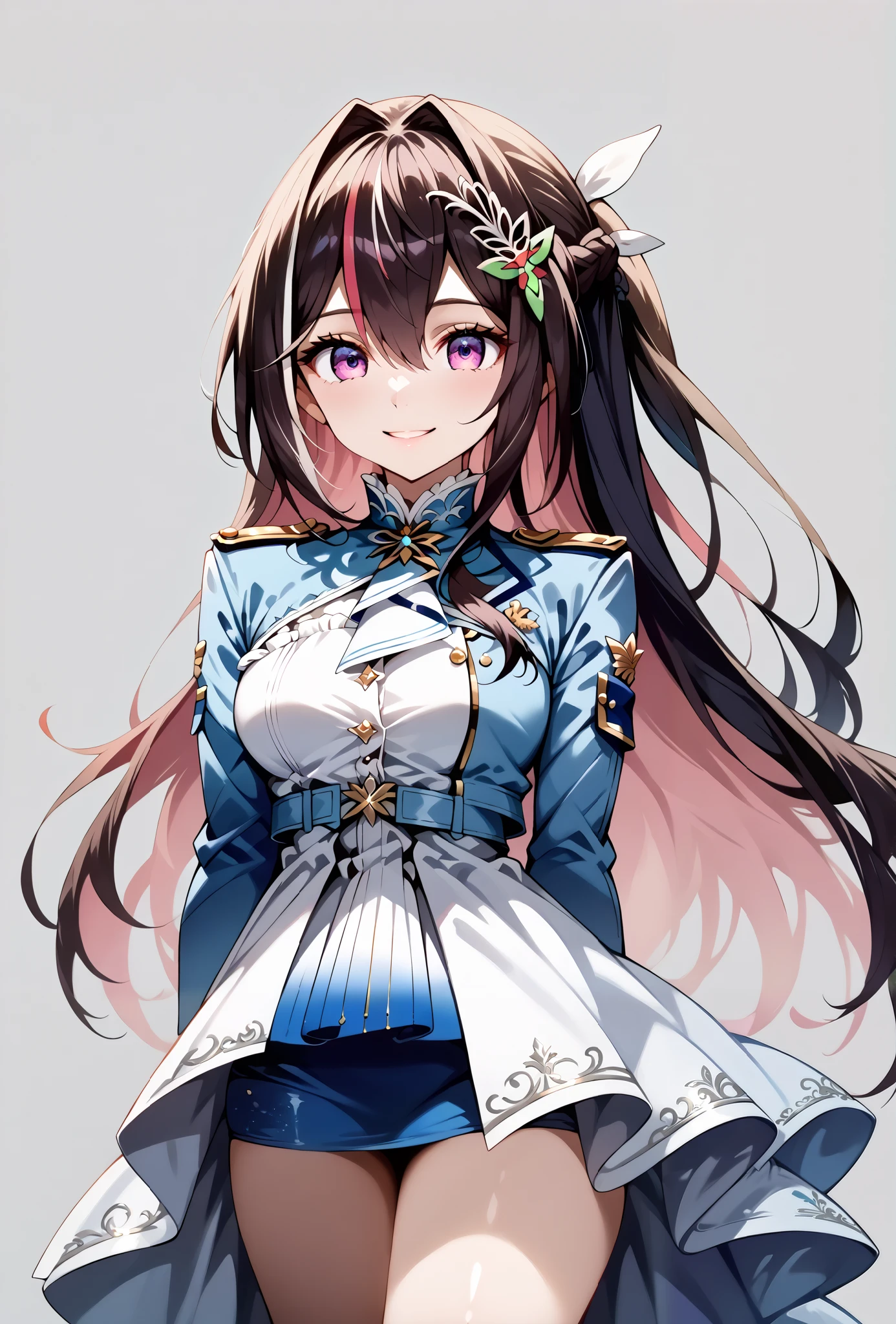 score_9, score_8_up, score_7_up, source_anime, 4K,perfect fingers,(perfect hands, perfect anatomy),prefect lighting, very aesthetic, intricate details,highly detailed background, masterpiece, high quality, best quality,
1girl,Azki, multicolored hair, long hair, french braid, hair ornament, large breast,
wearing ((headgear,shrug \(clothing\),blue jacket,cropped jacket,short dress,two-tone dress,white dress,blue dress,     )),
looking at the spectator, cowboy shot, filed, Arms Behind Back, high thigh individual , (large breasts:0.9),Stand up,fullbody,((White plain background:1.5)) ,smile,((front look:1.5)),