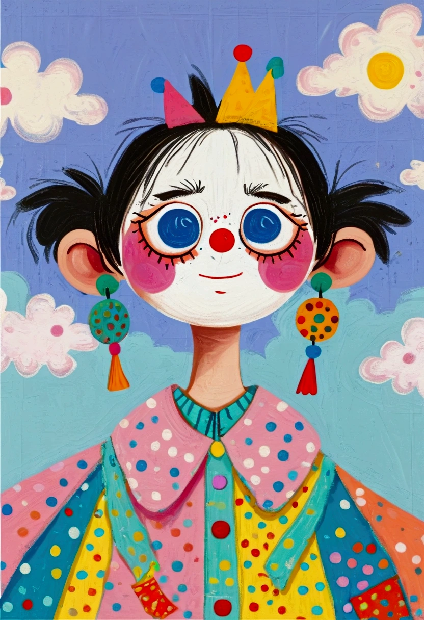 (((Childish Art，Pastel Painting，Oil painting Stick painting ，Thick coating，Texture)))：crazy clown，2D，A white cloud above your head