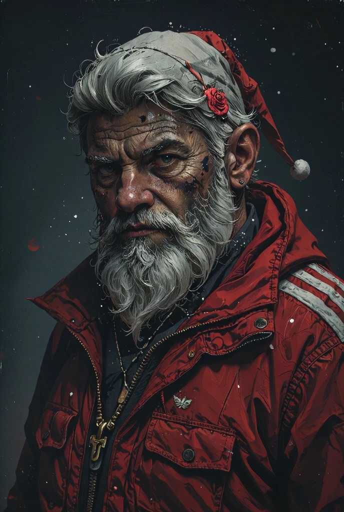 A brutal portrait of a criminal Kyrgyz Santa Claus in a dramatic black-and-white manner. The national cap is on his head. with a tattoo , in a red Adidas tracksuit, with a gold chain . One side of his face is dimly lit, and the other half is hidden in deep shadow. His face is distorted by a mysterious evil , and his eyes hold a great secret . His face is hidden in deep shadows, and his red Adidas suit is barely visible in the dark. It is surrounded by a swirl of snow and shadows .