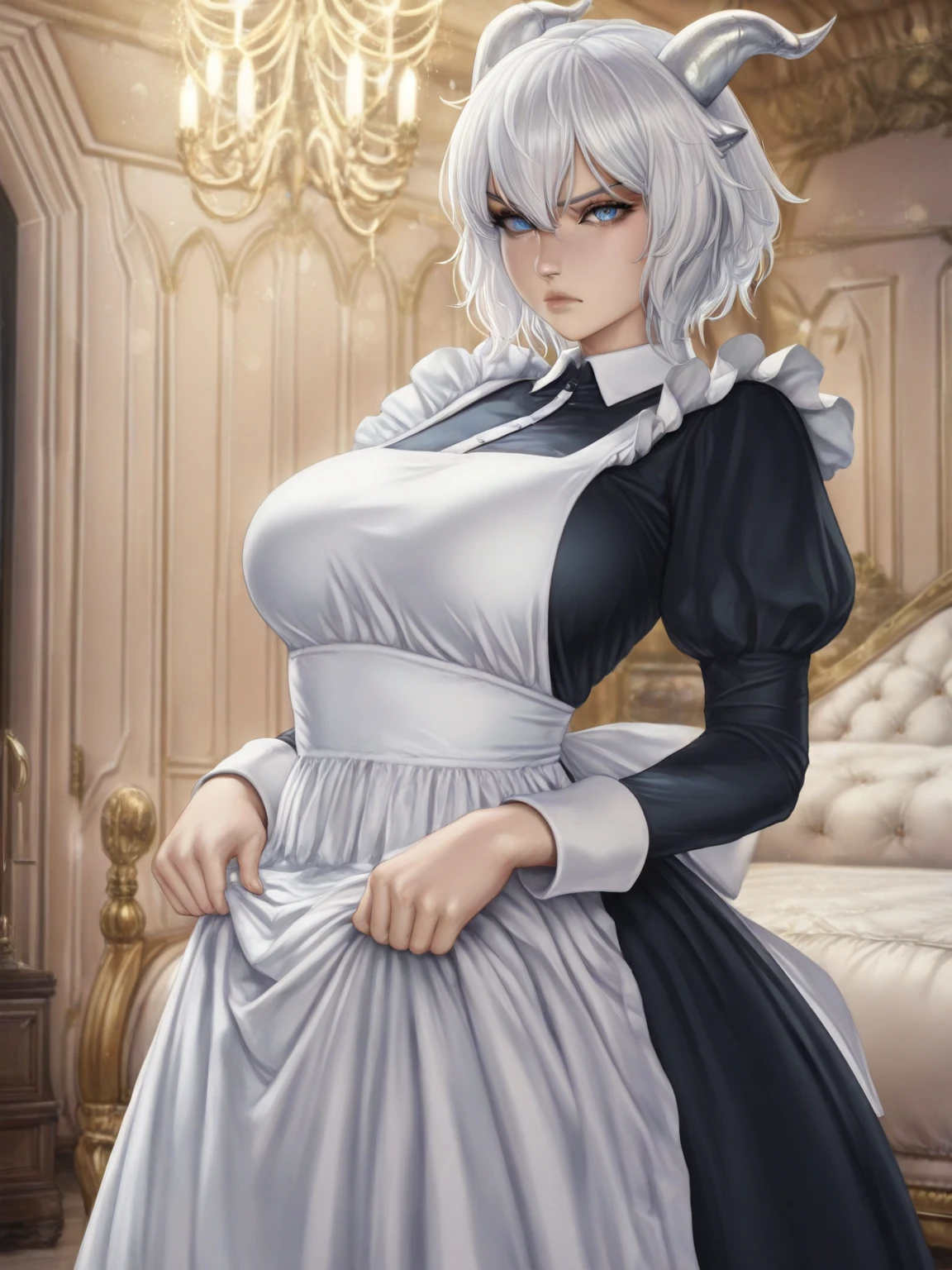 Mature woman, short hair, bob hairstyle, white hair, mature face, hot face, azure eyes, big breasts, curvy body, glossy lips, expressionless face, (formal maid outfit)), (standing straight), ((bedroom)), respectful pose