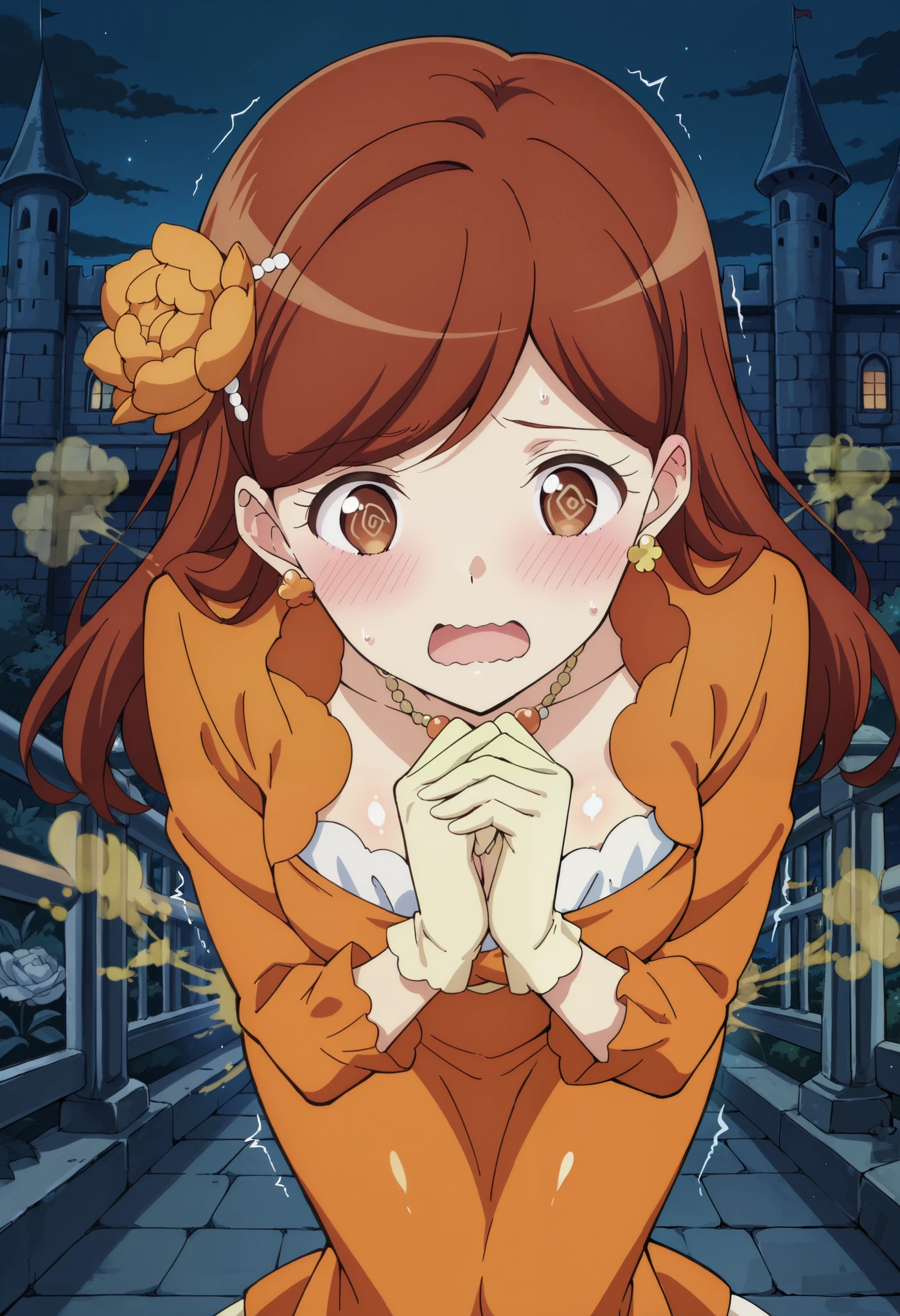 masterpiece, best quality, absurdres, highres, newest, score_9, score_8_up, score_7_up, source_anime, 1girl, solo, mary hunt, long hair, brown hair, brown eyes, jewelry, necklace, orange dress, own hands together, earrings, gloves, flower, bend over, looking from behind, sweat, worried, open mouth, @_@, wavy mouth, blush, trembling, shaking, shiny skin, trying to cover ass, hands on ass, spreading ass, presenting ass, ass, ((fart)), ((farting)), anime coloring, sky, night, castle,