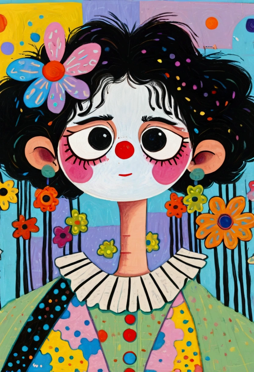 (((Childish Art，Pastel Painting，Oil painting Stick painting ，Thick coating，smear，Blooming，The black lines outline the outline，Texture)))：crazy clown，2D，Tilted head， exaggerated expression 