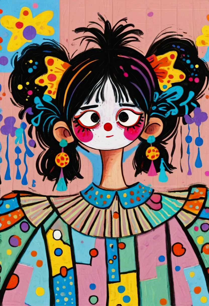 (((Childish Art，Pastel Painting，Oil painting Stick painting ，Thick coating，Texture，The black lines outline the outline)))： crazy clown girl ，2D