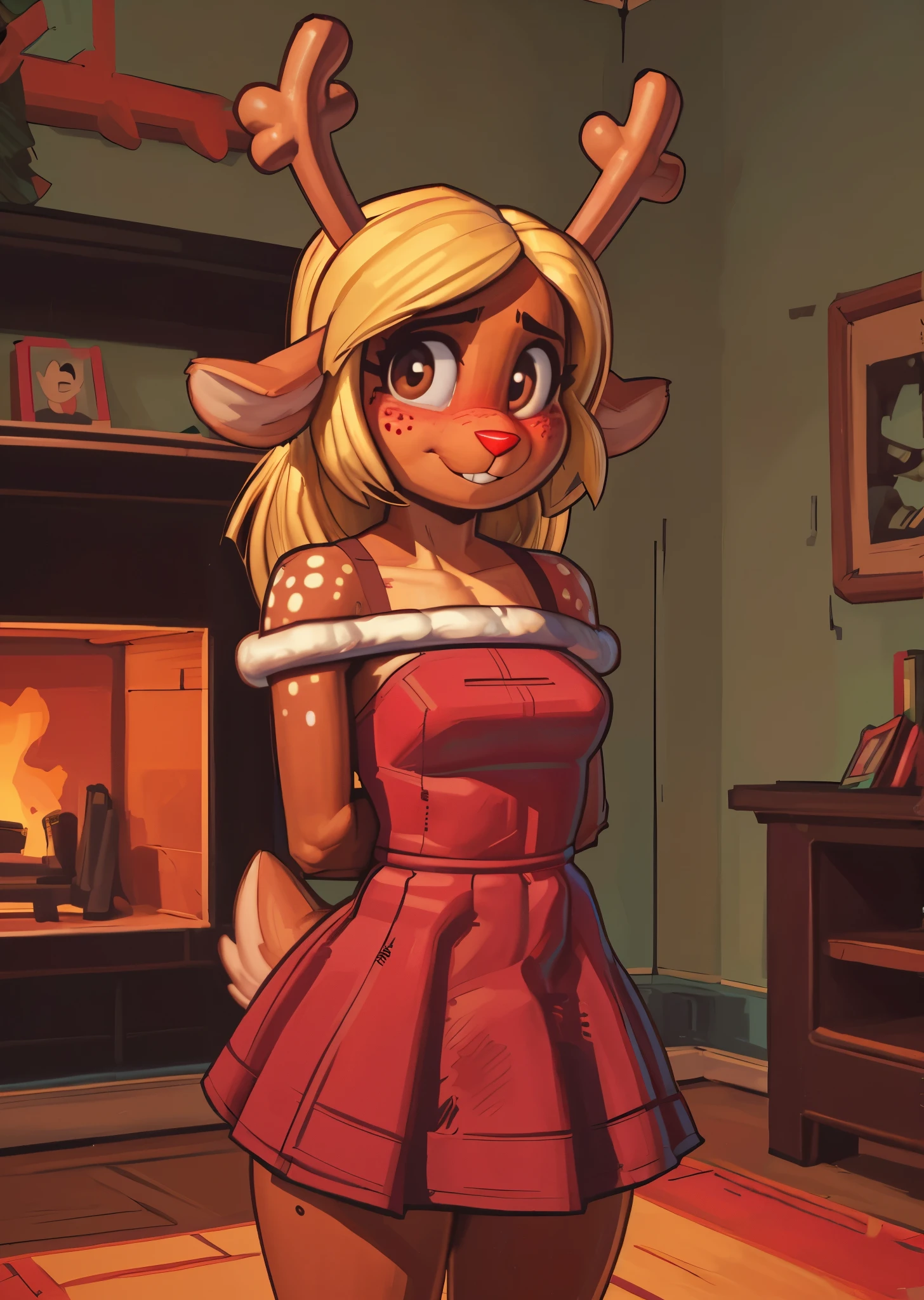 ((noelleholiday)), ((Deltarune)), ((pixelsketcher)), ((wamudraws)), ((masterpiece)), ((high resolution)), ((solo portrait)), ((cartoon style)), {(attractive figure), (body freckles), (beautiful legs), (white spots), (brown fur), (red nose), (brown eyebrows), (cute brown eyes), (short eyelashes), (small deer antlers), (long blonde hair), (short fluffy tail), (blushing), (embarrassed smile)}, {(christmas outfit), (green shoulderless dress with wool lining)}, {(hands behind back), (looking at viewer)} ((bedroom))