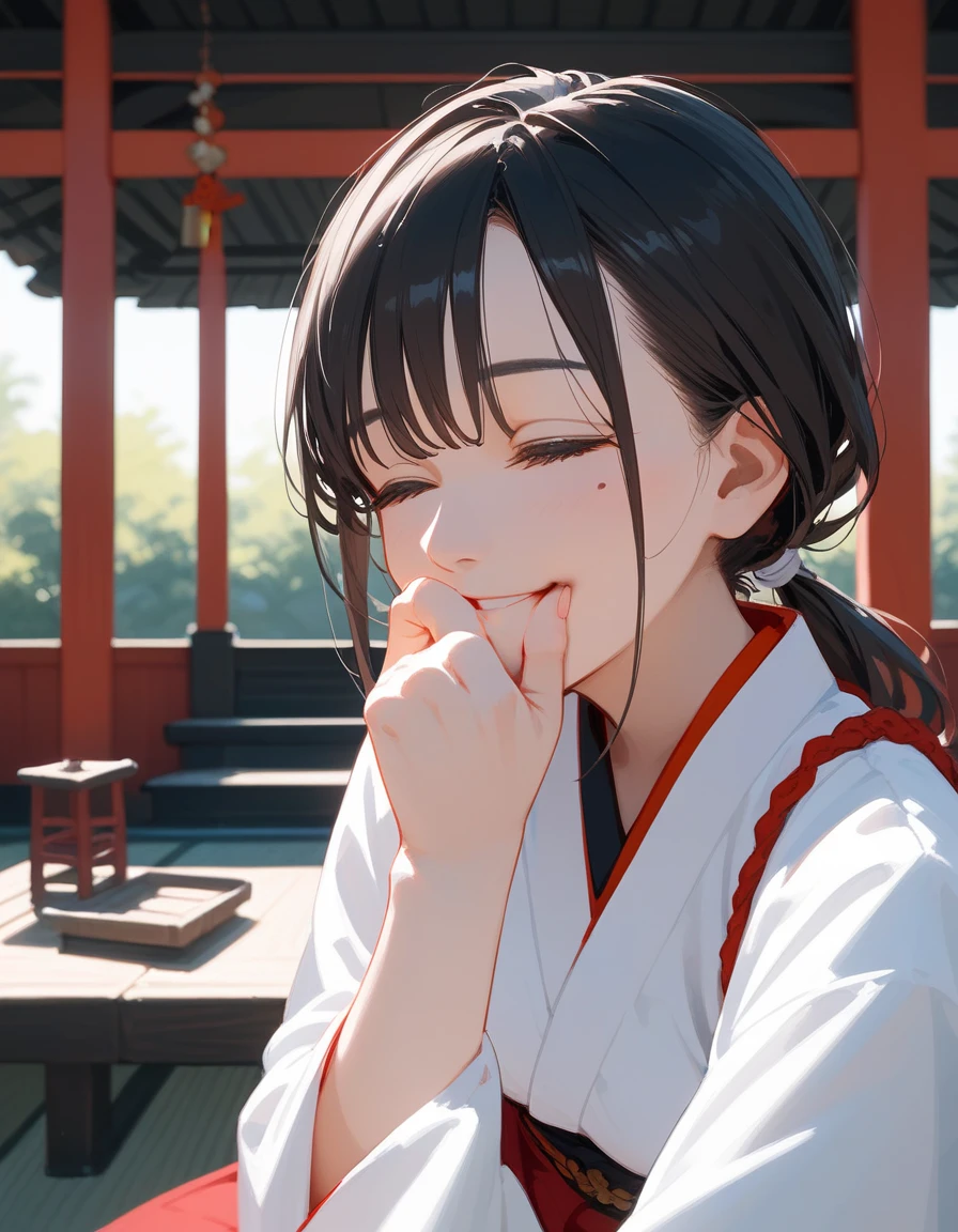 alone,girl,White Japanese dress ,thin,smile,Bangs,Brown-black hair,Have a moleใต้ตา, Long Sleeve Shirt,puberty ,smileอ่อน, black undershirt,Low ponytail,Mother,Have a mole, black background, sitting on a wooden chair, without eyes,Kimono set, close their eyes,close eyes, in black eyes,Left eye mole,fit, Long Red Skirt, ,Beautiful fingers,Sitting in the Shrine , hand over mouth,Hand covering mouth