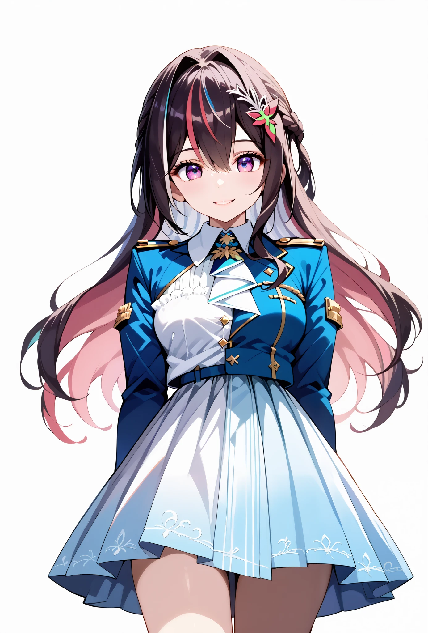 score_9, score_8_up, score_7_up, source_anime, 4K,perfect fingers,(perfect hands, perfect anatomy),prefect lighting, very aesthetic, intricate details,highly detailed background, masterpiece, high quality, best quality,
1girl,Azki, multicolored hair, long hair, french braid, hair ornament, large breast,
wearing ((headgear,shrug \(clothing\),blue jacket,cropped jacket,short dress,two-tone dress,white dress,blue dress,collared dress,pleated dress, )),
looking at the spectator, cowboy shot, filed, Arms Behind Back, high thigh individual , (large breasts:0.9),Stand up,fullbody,((White plain background:1.5)) ,smile,((front look:1.5)),