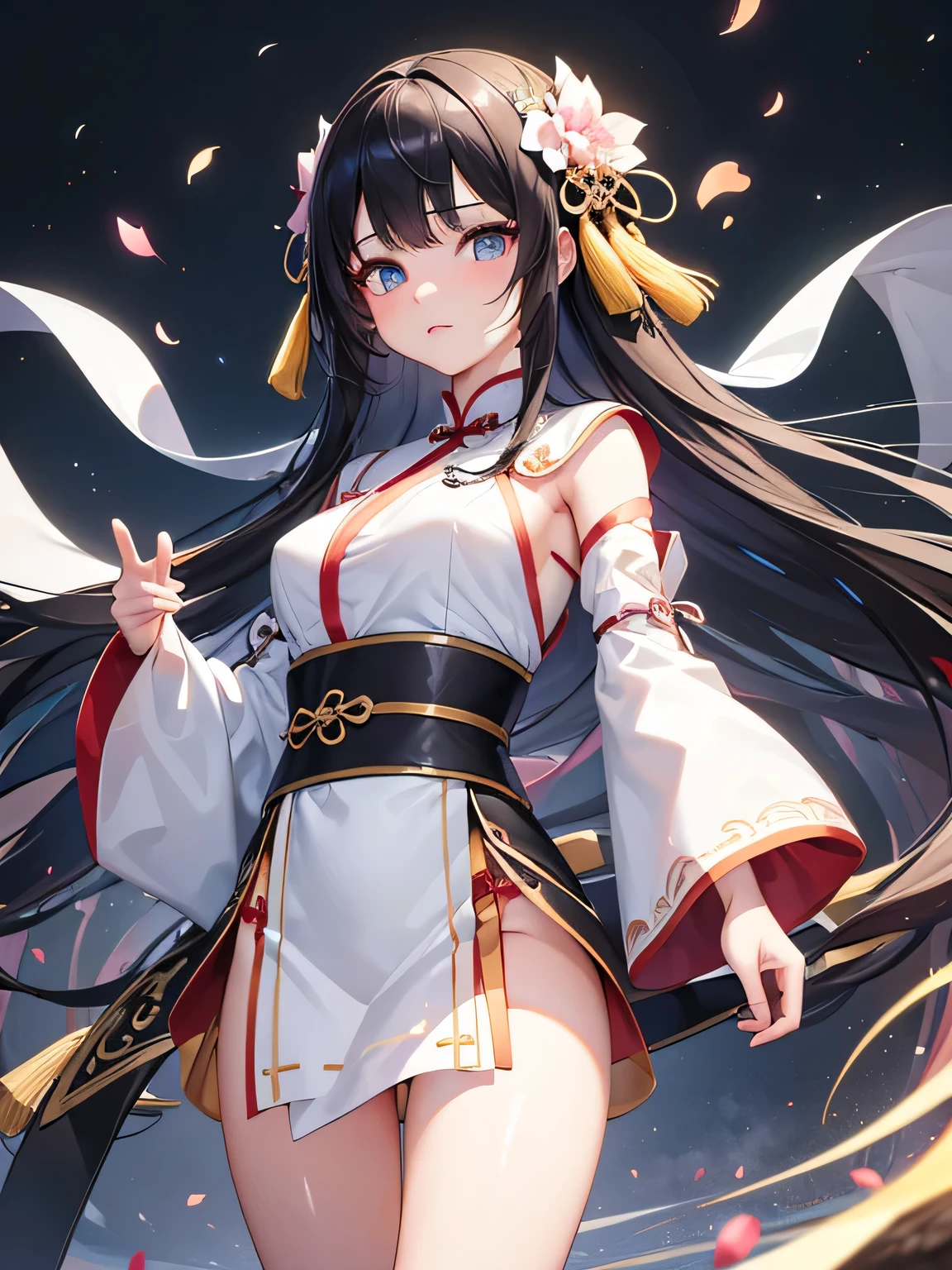 Extremely detailed CG unity 8k wallpaper, masterpiece, best quality, super fine, (beautiful detailed eyes: 1.2), high resolution, extremely detailed, highest rendering, (1 girl: 1.5),young girl,Animation style, ancient Chinese style,white hanfu, black hair, black long straight, Pursing the lips with a faint sad expression, long legs, girl, Chinese long sword，Slightly perky breasts，