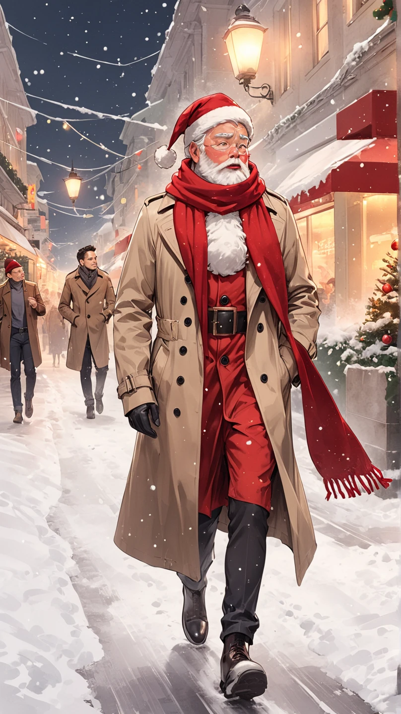 solo, santa claus, walking, trench coat, scarf, looking away, cold breath, ccsanta