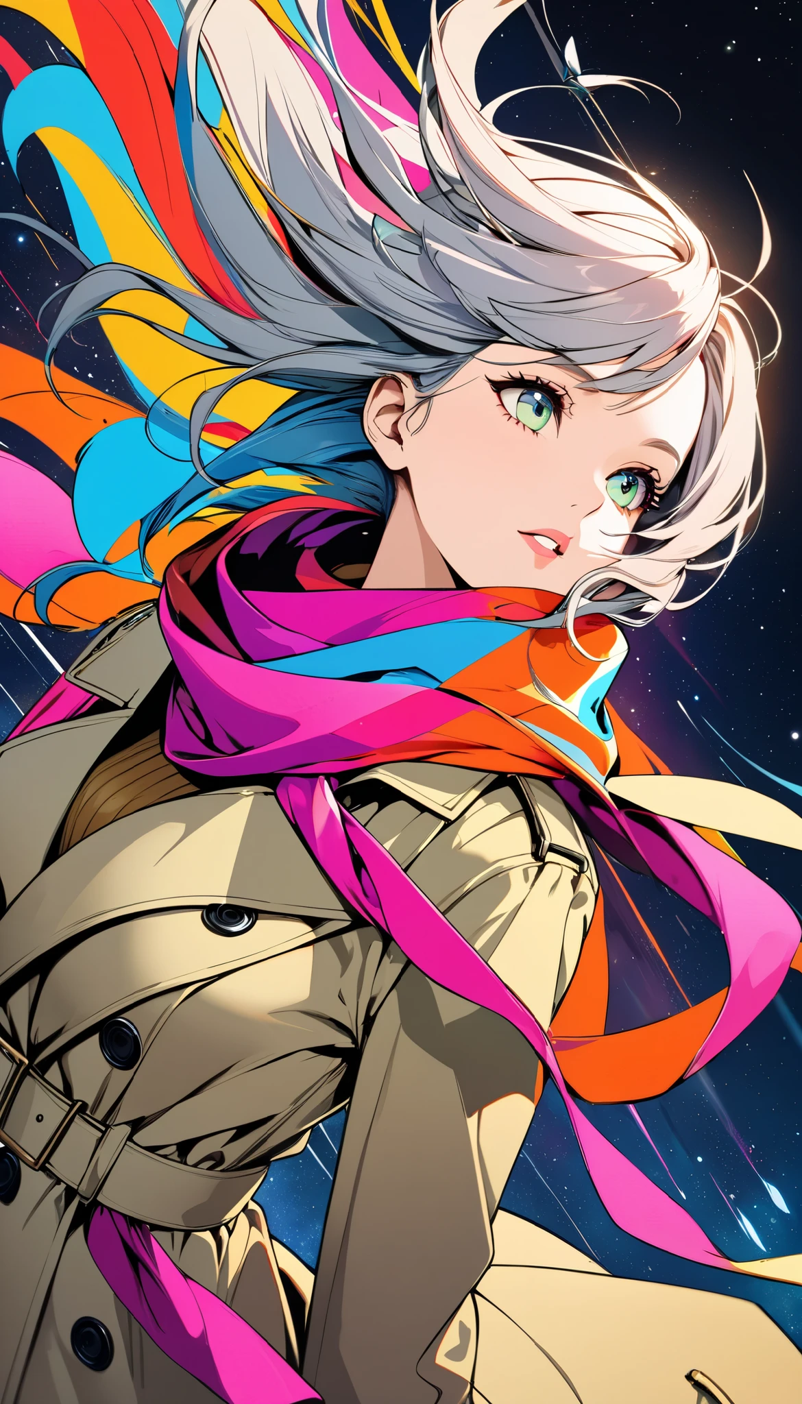 (masterpiece, top quality :1.2), (Dynamic angle, Dutch angle), a woman, solo, (she is wearing a very colorful and vibrant trench coat, and a muted colored scarf is fluttering in the wind, ABM), the ends of which seamlessly form a pop art imitation of space, Providing the ultimate feeling of freedom